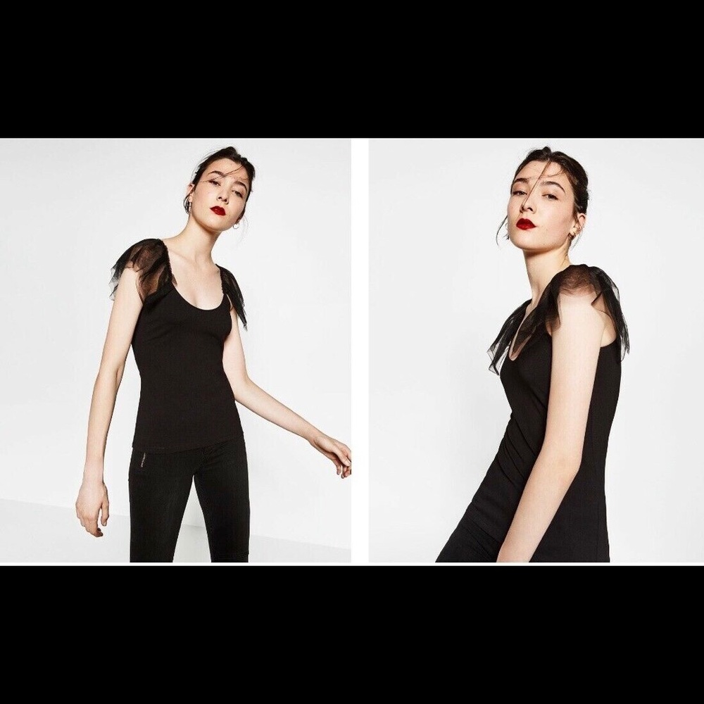 ZARA T-SHIRT WITH SHORT TULLE SLEEVES.